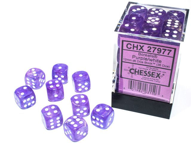 A close up of the Chessex Borealis Purple with white 12mm d6 dice set and the packaging.