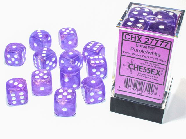 A close up of the Chessex Borealis Purple with white 16mm d6 dice set and the packaging.
