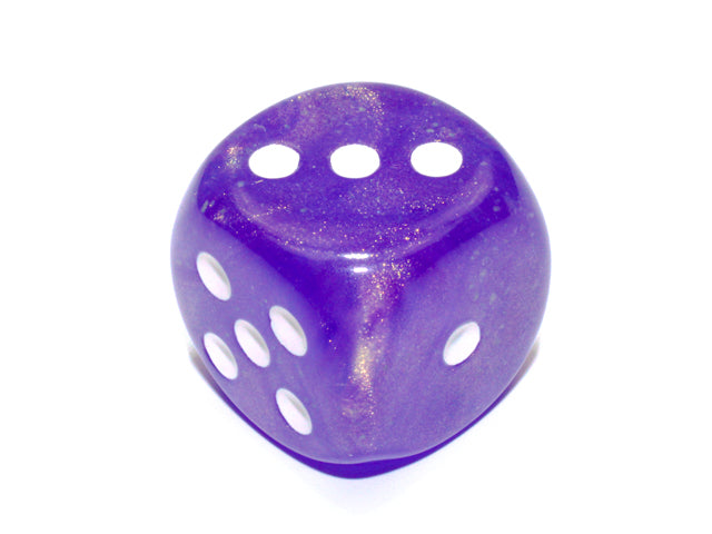 An example of the Chessex Borealis Luminary Purple with White 30mm d6