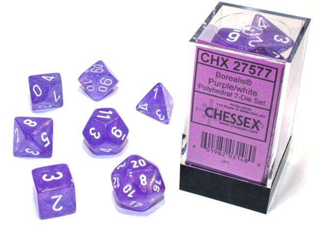 A close up of the Chessex Borealis Purple with white polyhedral dice set and the packaging.