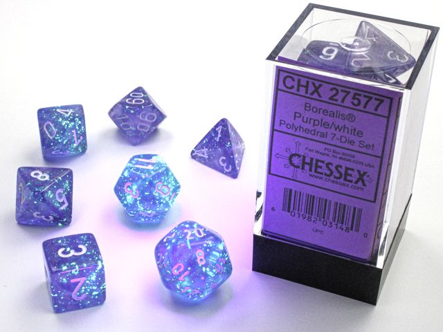 A close up of the Chessex Borealis Purple with white polyhedral dice set and the packaging.
