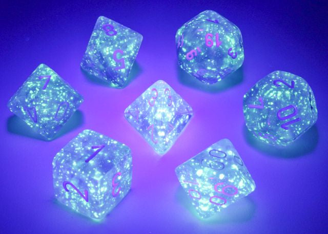 A close up of the Chessex Borealis Purple with white polyhedral dice set under a blacklight.