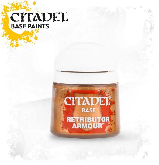 A pot of Citadel Base paint in the color Retributor Armour, primarily gold, for painting miniatures.