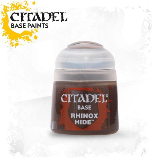 A pot of Citadel Base paint in the color Rhinox Hide, primarily brown, with the Citadel logo and product information displayed on the label.