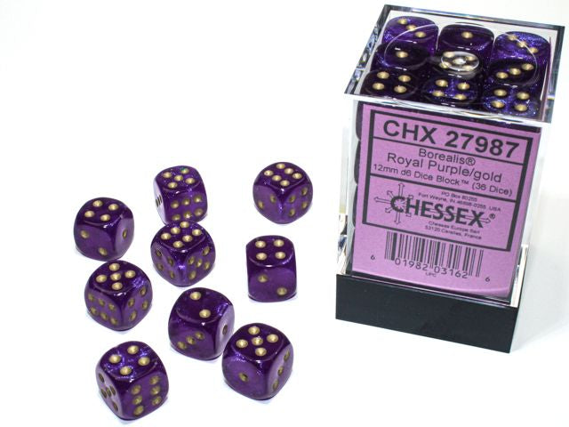 A close up of the Chessex Borealis Royal Purple with gold 12mm d6 dice set and packaging.