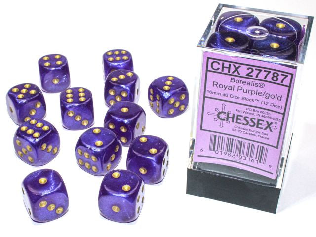A close up of the Chessex Borealis Royal Purple with gold 16mm d6 dice set and packaging.