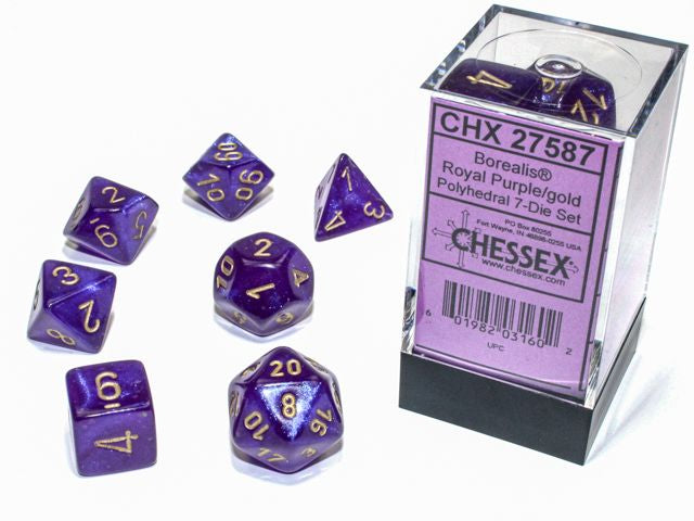 A close up of the Chessex Borealis Royal Purple with gold polyhedral dice set and packaging.