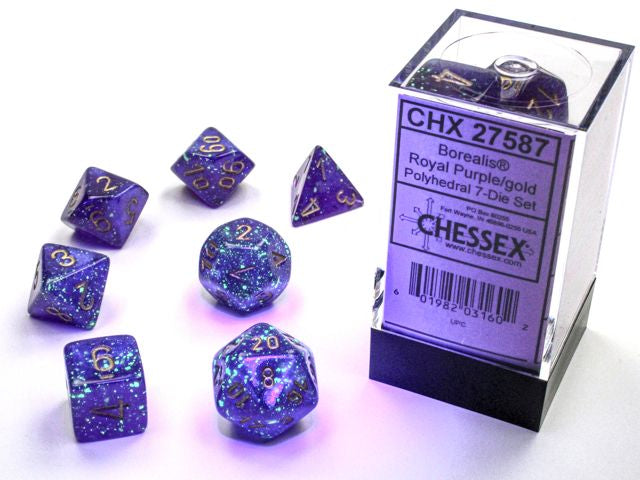 A close up of the Chessex Borealis Royal Purple with gold polyhedral dice set and packaging.
