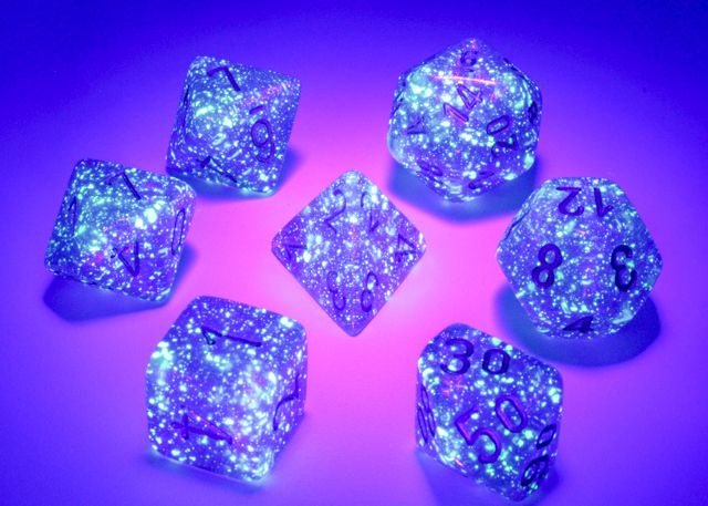 A close up of the Chessex Borealis Royal Purple with gold polyhedral dice set under a blacklight.