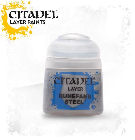 A pot of Citadel Layer paints labeled 'Runefang Steel', primarily silver in color with paint splatter effects on the label.