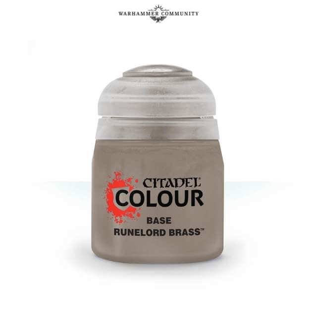 A pot of Citadel Colour base paint in the shade 'Runelord Brass'. The product is designed for painting plastic, metal, and resin Citadel miniatures.
