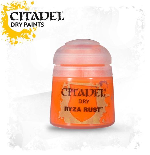 A pot of Citadel dry paint labeled 'Ryza Rust' in orange color.