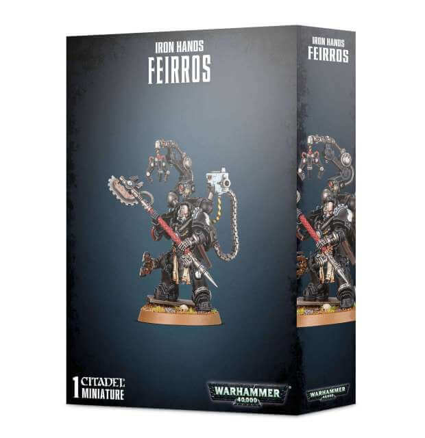 Packaging for 'Space Marines Iron Hands Feirros' featuring a figurine of a Space Marine with a large gun, on a dark themed box with the Warhammer 40,000 logo.