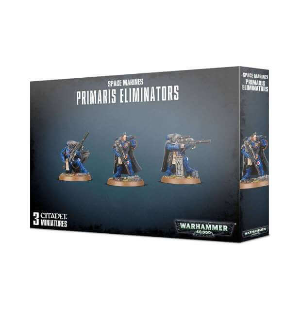 Product image of Space Marines Primaris Eliminators miniature figures, showing three Marine models with different weapons and poses on a box.