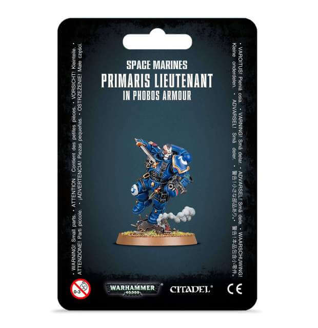 Package for Space Marines Primaris Lieutenant, showing the model and branding elements. 