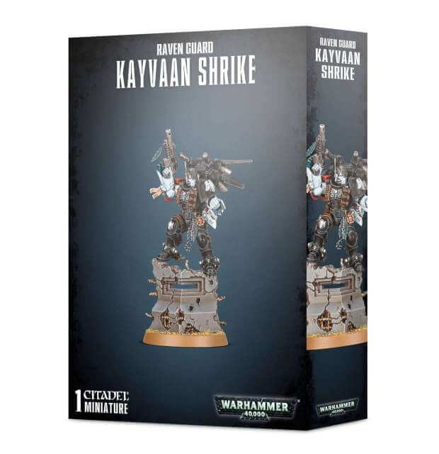 Product packaging for 'Space Marines Raven Guard Kayvaan Shrike', featuring a 25-piece plastic model set on a Citadel 40mm Round Base, displayed in a box with the product name and Warhammer 40,000 branding.