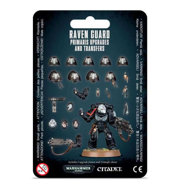 Packaging for 'Raven Guard Primaris Upgrades & Transfers' kit showcasing various miniature parts for customization, including shoulder pads, heads, and arms, along with two transfer sheets.
