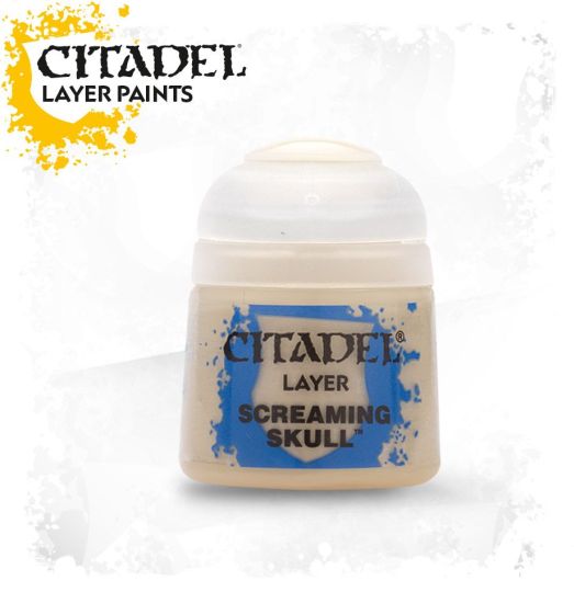 A pot of Citadel Layer paints labeled 'Screaming Skull' with a blue and yellow design on the label.