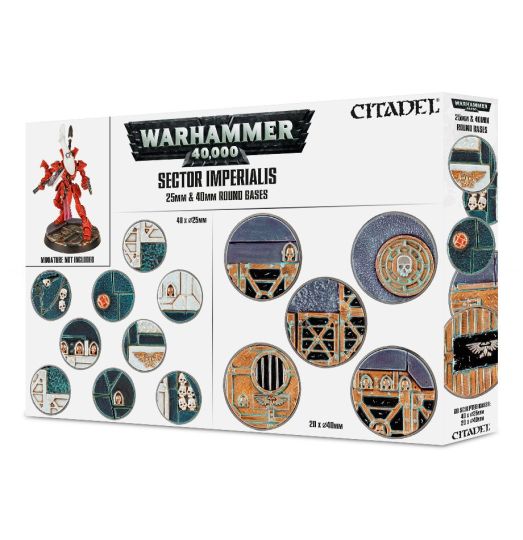 Packaging for Warhammer 40,000 Sector Imperialis round bases, featuring various designs for miniatures bases in 25mm and 40mm sizes.