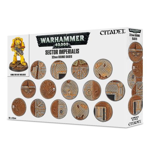 Packaging for Sector Imperialis 32mm Round Bases, displaying various bases and a miniature figure.