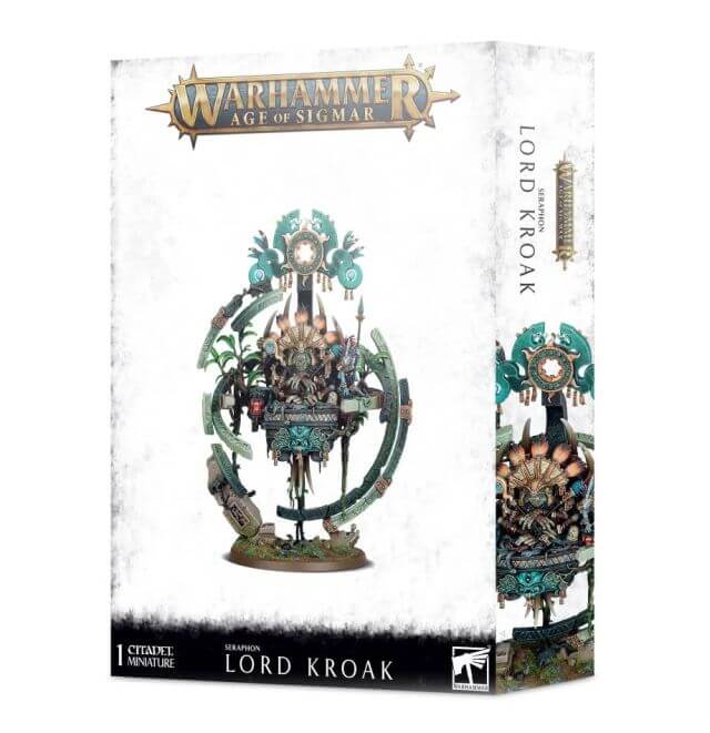 Packaging for Warhammer Age of Sigmar's Seraphon Lord Kroak miniature, featuring the assembled and painted model on the box art.