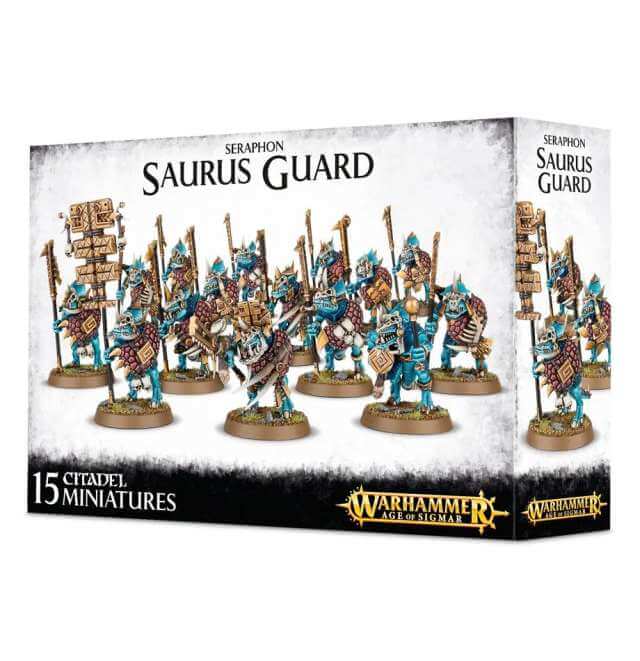 Packaging for Seraphon Saurus Guard miniature figures featuring detailed illustrations of the characters and their equipment.