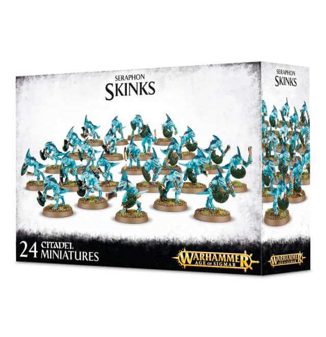 Packaging for Seraphon Skinks miniature figures showing twenty-four assembled and painted miniatures of Skinks with various weapons.