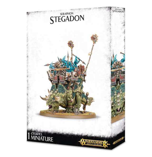 Packaging for Seraphon Stegadon miniature, featuring the assembled and painted model on the box art, indicating it is a part of the Warhammer 40,000 series.