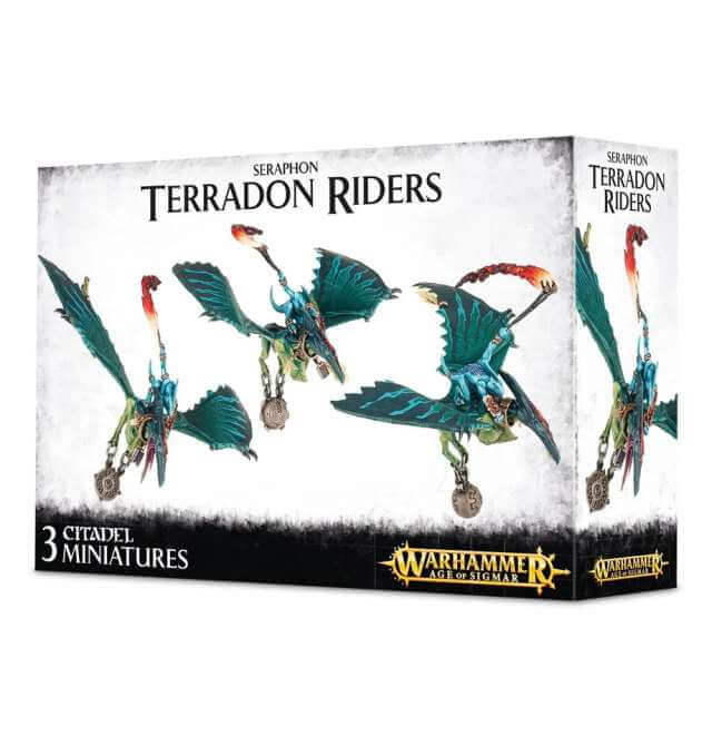 Product packaging for 'Seraphon Terradon Riders' featuring three fantasy-style dinosaur-like creature miniatures with detailed ornamentation and bases, indicative of a hobby kit for assembly.