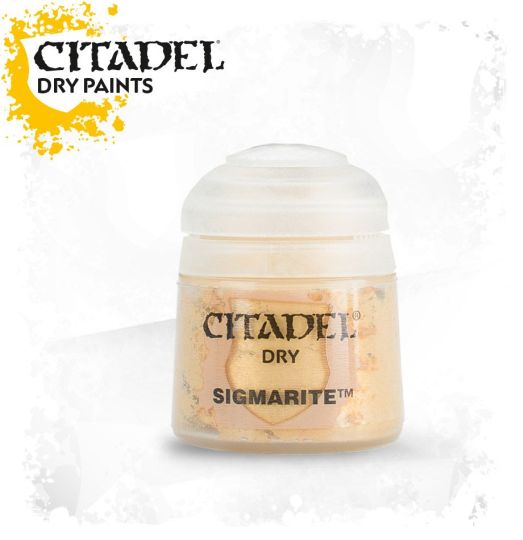 A pot of Citadel Dry paint in the color 'Sigmarite', primarily used for drybrushing metallic finishes on model figures.