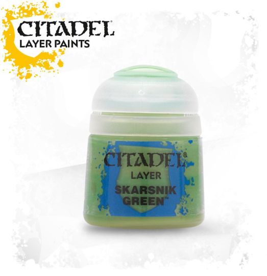 A pot of Citadel Layer paints in Skarsnik Green color, designed for painting miniatures.