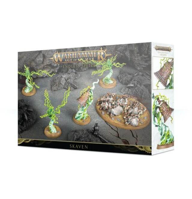 Product packaging for 'Skaven Endless Spells' featuring fantasy-themed miniatures with a green and black color scheme, set against a stone backdrop.