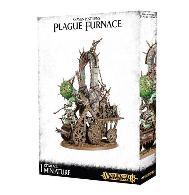 A product image showing the packaging for a Skaven Screaming Bell / Plague Furnace miniature. The box is predominantly white with images of the assembled model on the front.