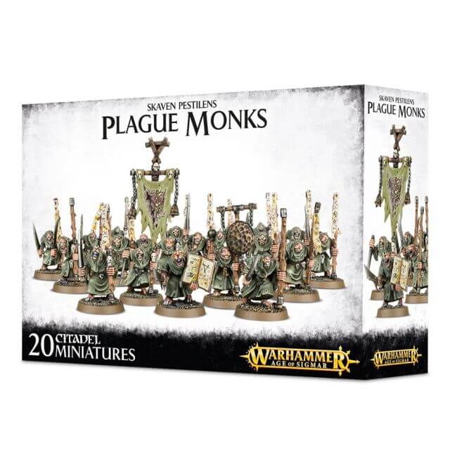 Box packaging for Warhammer Skaven Plague Monks miniatures, displaying the contents and the miniature figures.
