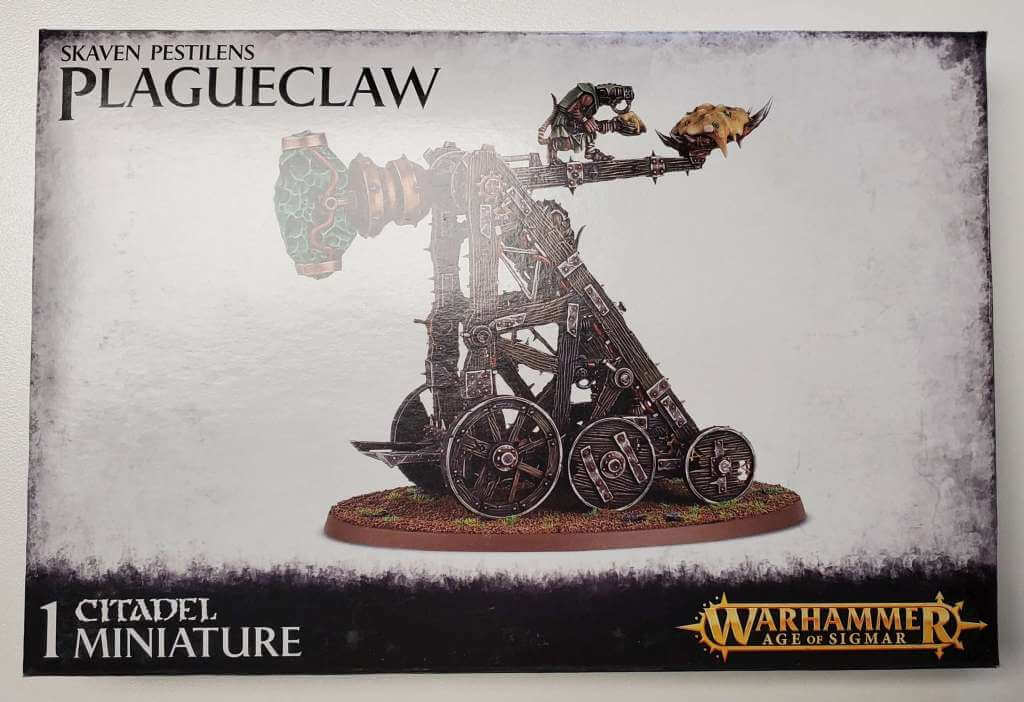 A product image featuring a Skaven Plagueclaw model from Games Workshop, showcasing a detailed miniature on a 120mm oval base.