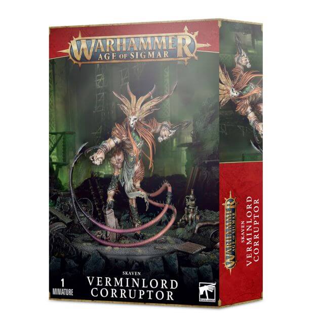 Product packaging for Warhammer Age of Sigmar Skaven Verminlord Corruptor miniature, featuring the miniature itself with a skull head, long hair, and equipped with a plaguereaper and a doom glaive.