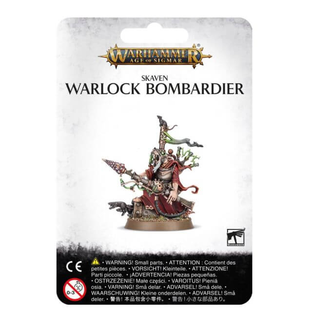 Packaging for Warlock Bombardier miniature from Games Workshop, featuring an illustrated Skaven character on a base, with product information and branding.