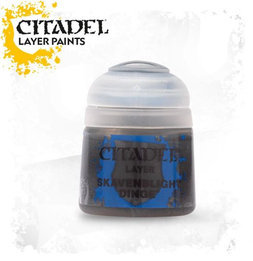 A pot of Citadel Layer paints labeled 'Skavenblight Dinge', primarily blue in color with product name displayed.
