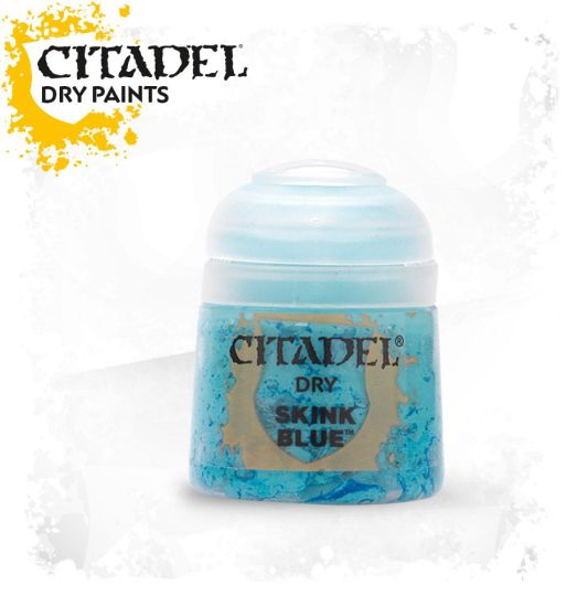 A pot of Citadel dry paint in Skink Blue color, designed for drybrushing.