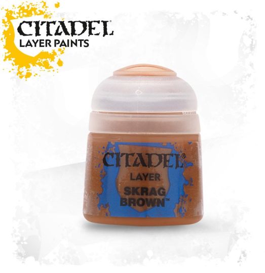 A pot of Citadel Layer paints in Skrag Brown color, designed for miniature painting.