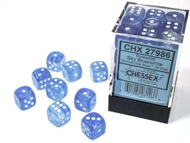 A close up of the Chessex Borealis Sky Blue with white 12mm d6 dice set and packaging. 