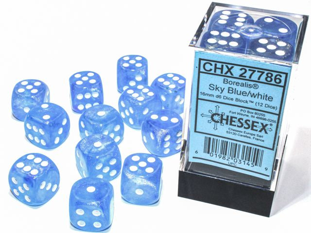 A close up of the Chessex Borealis Sky Blue with white 16mm d6 dice set and packagin.