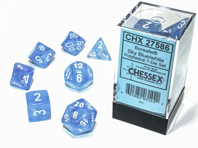 A close up of the Chessex Borealis Sky Blue with white polyhedral dice set and packaging. 
