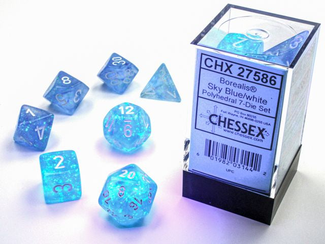 A close up of the Chessex Borealis Sky Blue with white polyhedral dice set and packaging. 