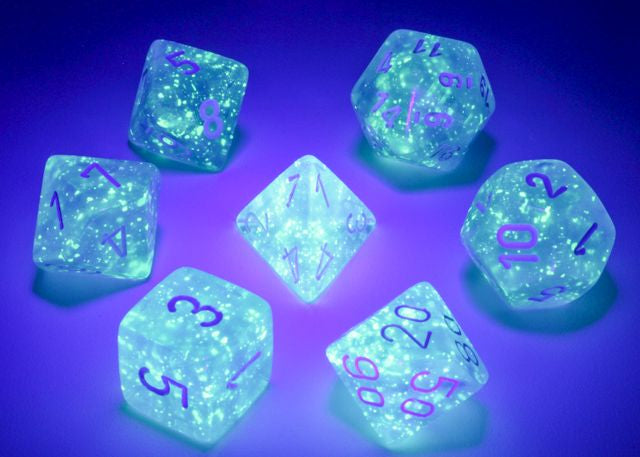 A close up of the Chessex Borealis Sky Blue with white polyhedral dice set under a blacklight