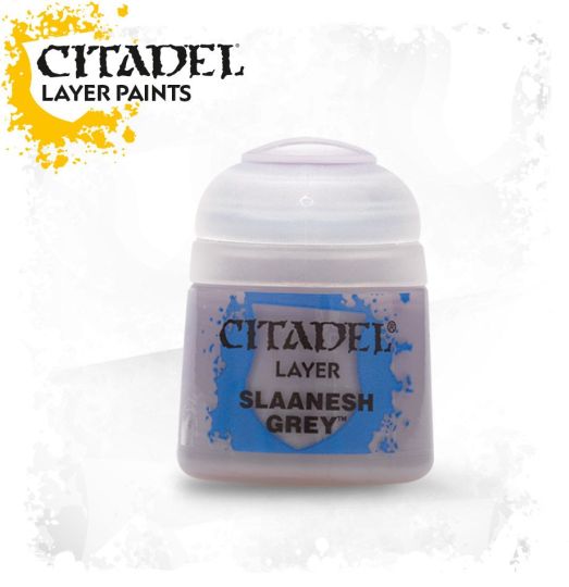 A pot of Citadel Layer paints in the color 'Slaanesh Grey', designed for painting miniatures.