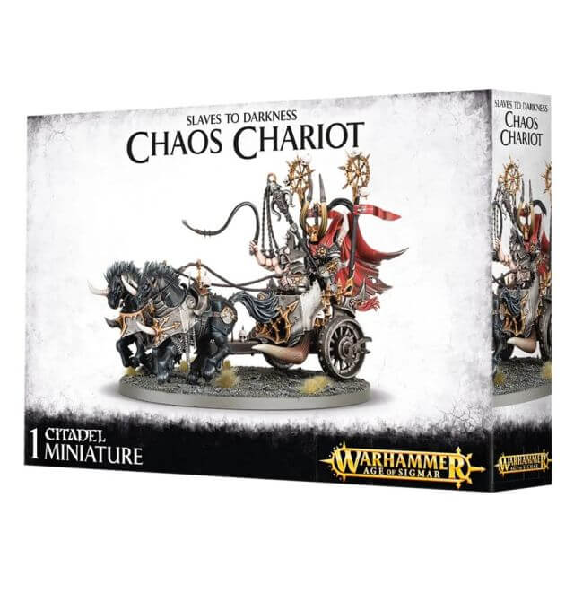 Product packaging for 'Slaves to Darkness Chaos Chariot' featuring a miniature model of the chariot with war steeds and charioteers.