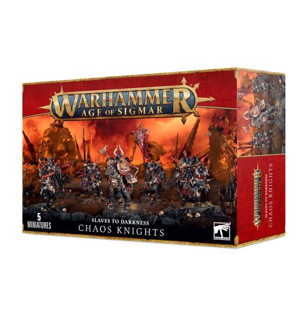 Product packaging for 'Slaves to Darkness Chaos Knights 2023' featuring illustrations of mounted fantasy knights in a combat pose, with a red and orange backdrop. The product is part of the Warhammer Age of Sigmar series.