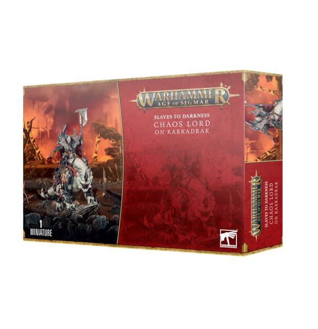 Product packaging for 'Slaves to Darkness Chaos Lord on Karkadrak' featuring a miniature figure of a mounted chaos lord in a combat pose, with the game's logo and fantasy setting.