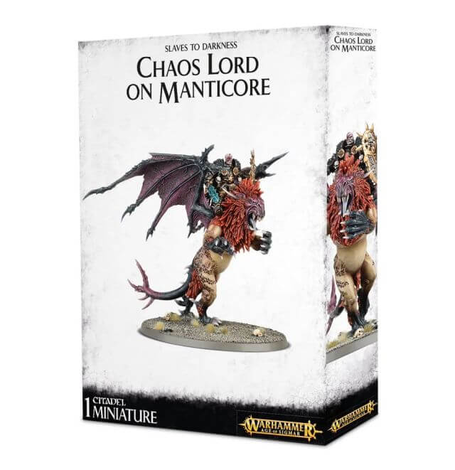 Product packaging for 'Slaves to Darkness Chaos Lord on Manticore', featuring a multi-part plastic kit of a fantasy creature on a base.